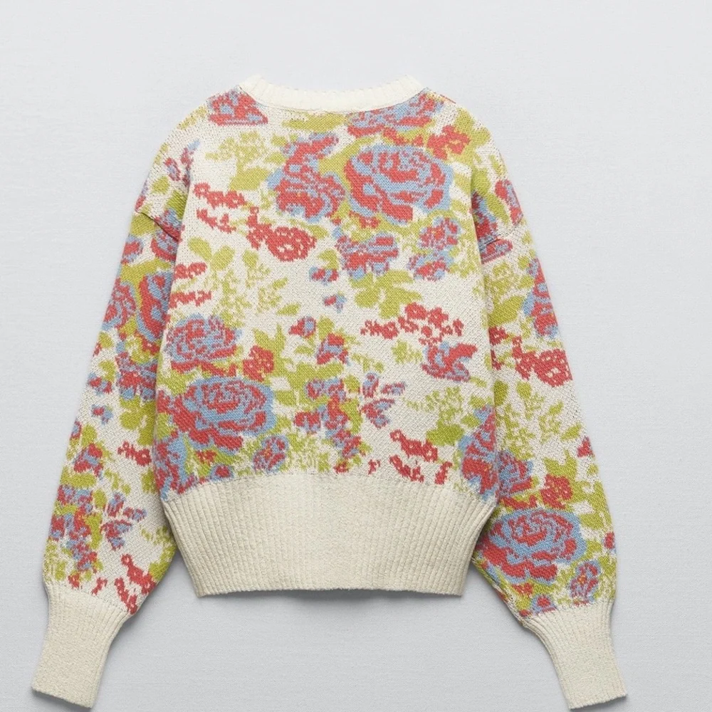 🩵 Zara PEARL BUTTON FLORAL KNIT JACQUARD Cardigan Multi Color Long Sleeve - Picture 5 of 8